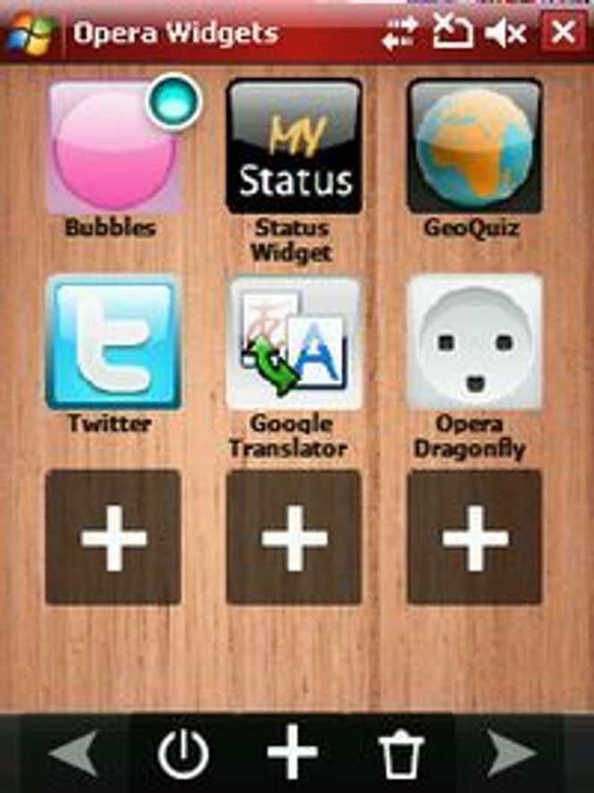 Oversikt over widgets i Opera Mobile 9.7 beta.