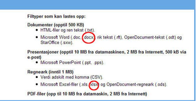 Filtyper som kan lastes opp i Google Dokumenter.