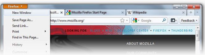 Foreløpig utseende på Firefox-knappen og fanene som er plassert i toppen av vinduet i Firefox 4 Beta 1. Bilde: Mozilla