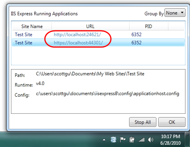 Statusvindu for Microsoft IIS Express Bilde: Microsoft