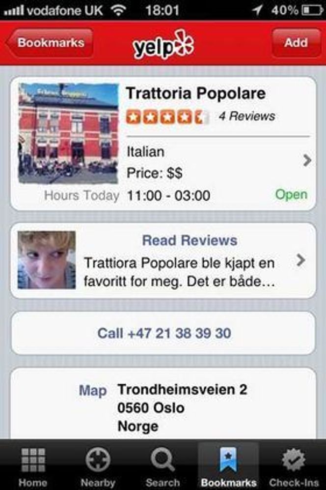 Den amerikanske nettjenesten Yelp etablerer seg i Norge. Her er anmeldelsen fra en restaurant i nede del av Grünerløkka i Oslo. Bilde: Yelp