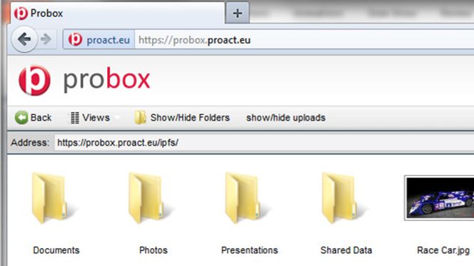 Integrert WebDAV innebærer at Probox er tilgjengelig også på pc-er, nettbrett og mobiltelefoner uten egen app eller klient. Her vises Proacts egne Probox-mapper i en nettleser på en pc.
