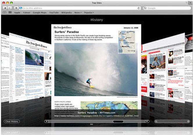 Safari 4 med Cover Flow i resultatene fra søk i nettleserhistorikken.