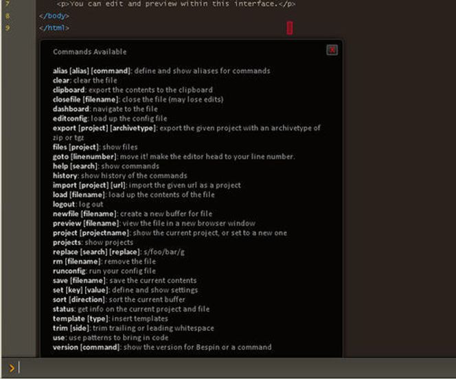 Tilgjengelige kommandoer i Mozilla Bespin 0.11.