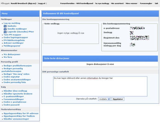 Kontrollpanelet til brukerne av digi.no Forum.