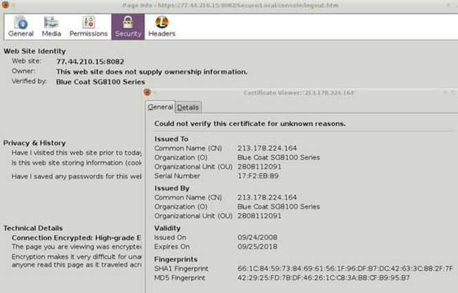 Blue Coat SSL-sertifikat fra server i Syria. Bilde: Reflets.info