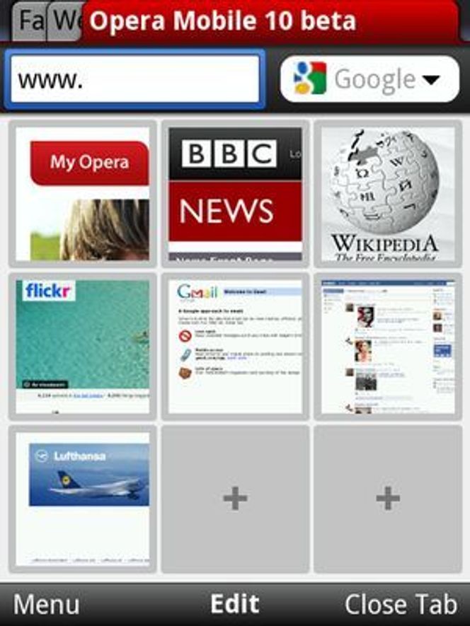 Faner og Speed Dial i Opera Mobile 10 beta