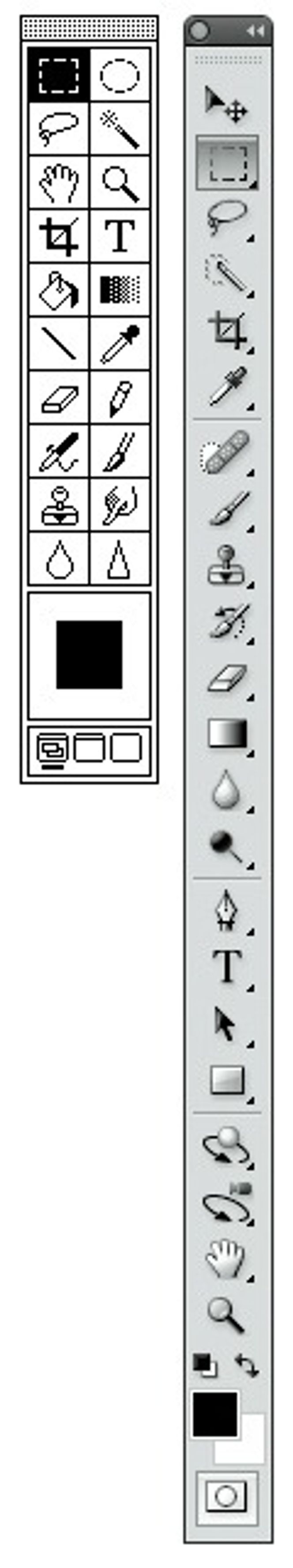 Verktøylinjene til Adobe Photoshop 1.0 (til venstre) og CS4 Bilde: Adobe