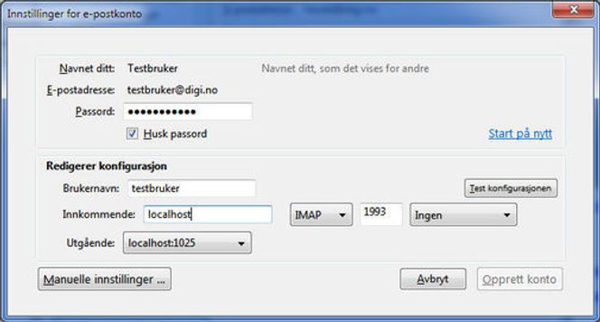 Oppsettet for innkommende e-post, i dette tilfellet basert på IMAP.
