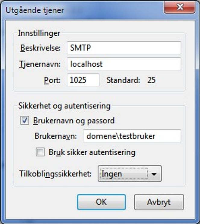 Oppsettet for SMTP, altså utgående e-post.