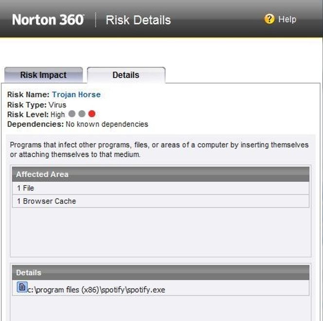 Norton 360 mener Spotify er en trojaner Bilde: getsatisfaction.com