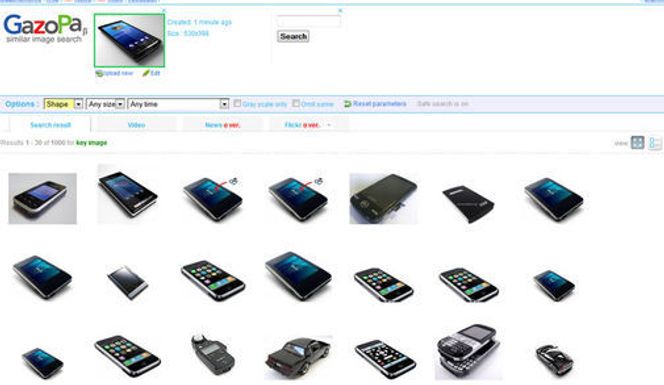 Søk i GazoPa etter bilder som ligner på mobiltelefonen øverst, ga en del underlige resultater.