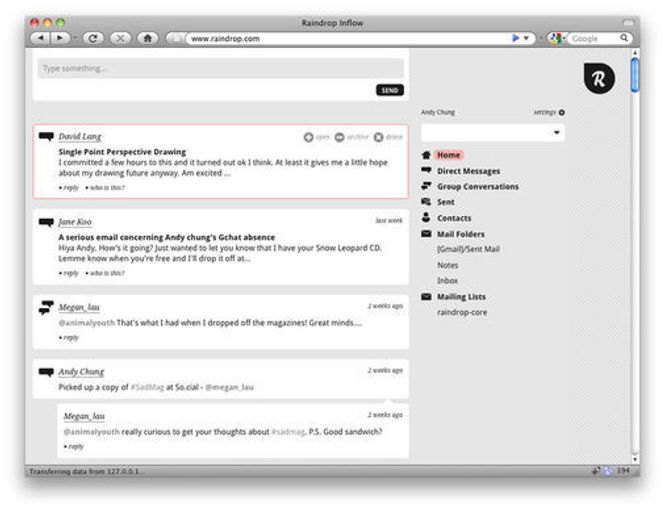 Et første utkast til brukergrensesnitt for Raindrop. Bilde: Mozilla Labs