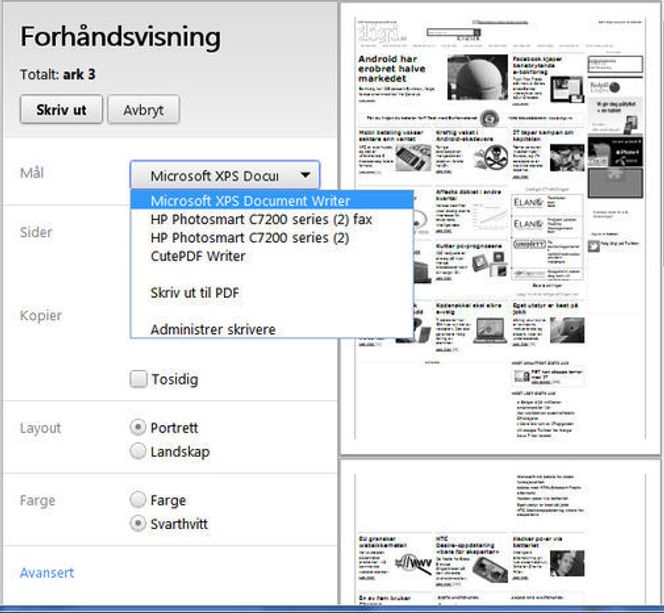 Forhåndsvisning av utskrift i Google Chrome 13