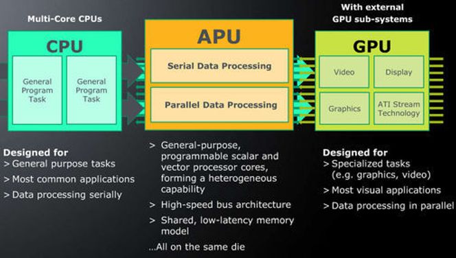 Beskrivelse av de vesentlige forskjellene mellom en CPU, en APU og en GPU. Bilde: AMD