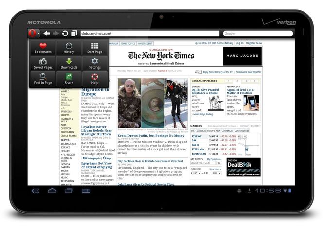Opera Mobile 11 for Android på Motorola Xoom Bilde: Opera Software