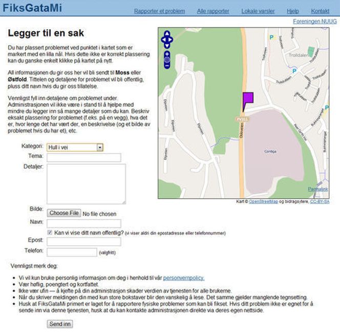 FiksGataMi-skjema for å sende inn melding om feil og problemer med veinettet.