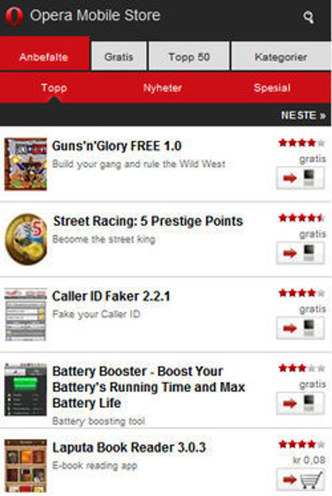 Brukergrensesnittet i Opera Mobile Store.