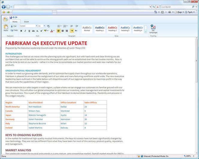 Redigering i tidlig utgave av Microsoft Office Web Word
