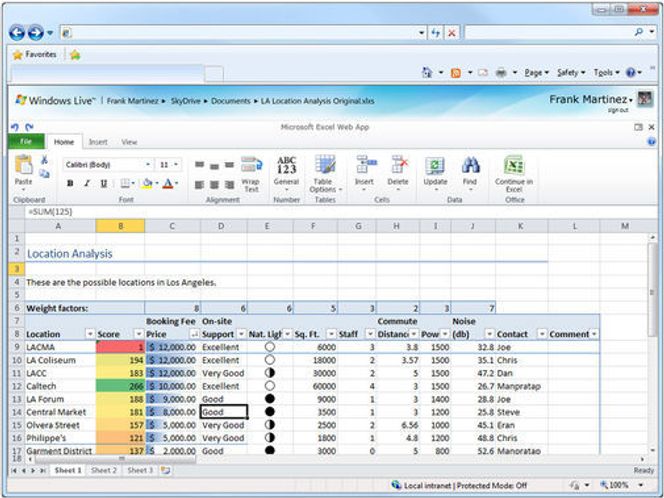Microsoft Office Excel Web App i Internet Explorer.