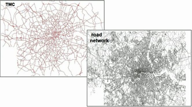 TMC-inforamsjonen for London, sammenlignet med det faktiske veinettet. Illustrasjon: TomTom. Bilde: TomTom