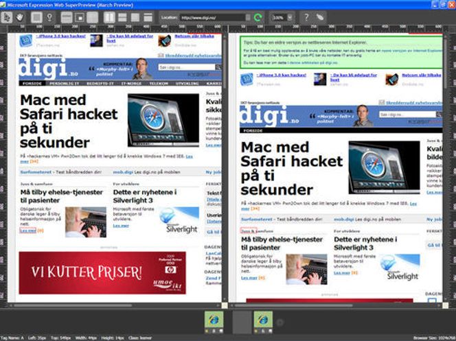 digi.no vises i Expression Web SuperPreview i IE8 og IE6 side ved side. I IE6-visningen til høyre er oppfordringen til å oppgradere til en nyere nettleser, godt synlig.