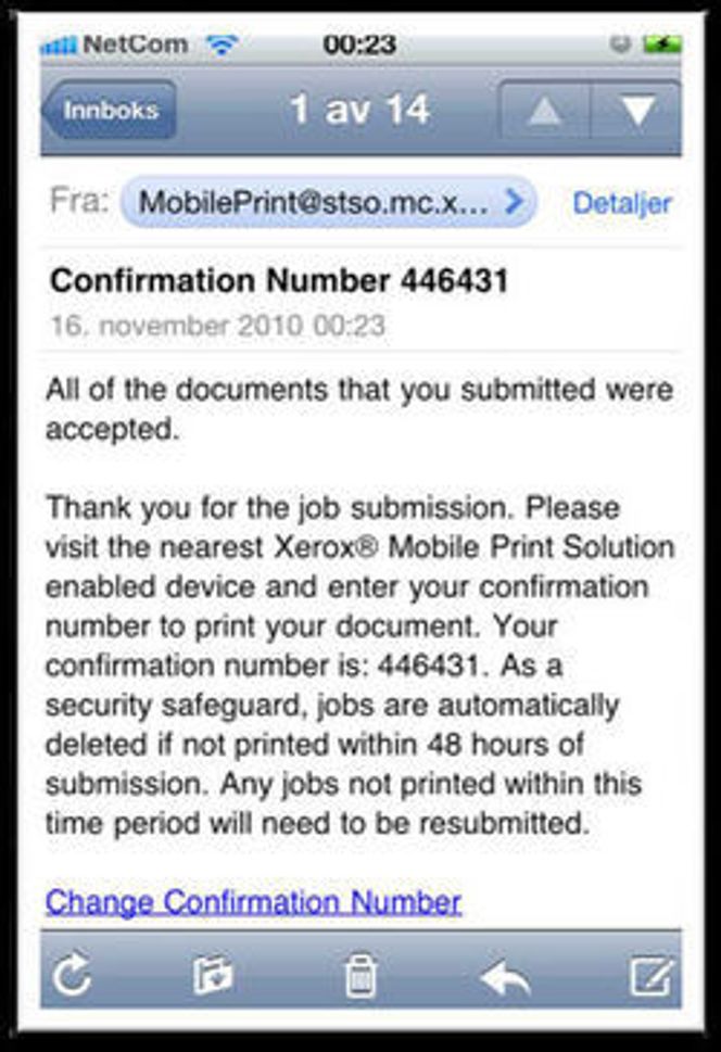 Bekreftelsen som brukeren får på e-post av Xerox Mobile Print Solution.
