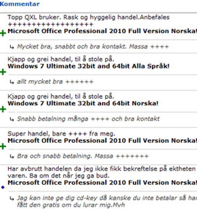 De mistenkte selgerne hadde alle høy score i sine karakterbøker på QXL. Her ser vi imidlertid én som fikk kalde føtter etter å ha stilt spørsmål ved ektheten. Bilde: qxl.no
