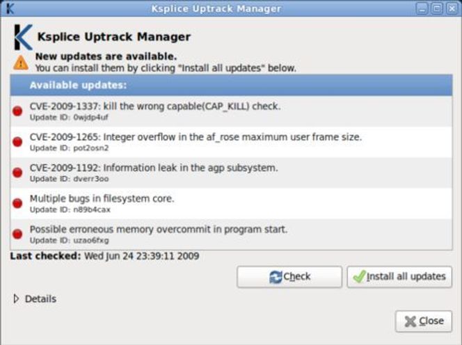 Ksplice Uptrack Manager varsler brukeren når nye oppdateringer er tilgjengelige. Bilde: Ksplice