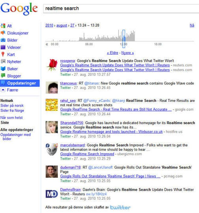 Googles sannstidsøk viser de nyeste meldingene om temaet man søker etter. Resultatene stammer først og fremst fra Twitter.