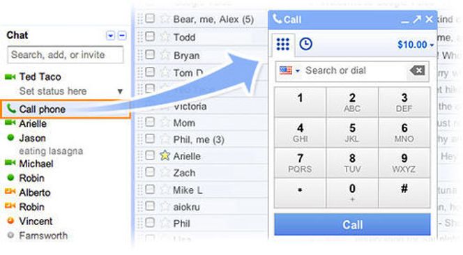 Med den nye Gmail-integrerte tjenesten kan man ringe til vilkårlige numre, til Gmail-kontaktene eller ved å klikke på telefon nummer oppgitt på websider. Bilde: Google