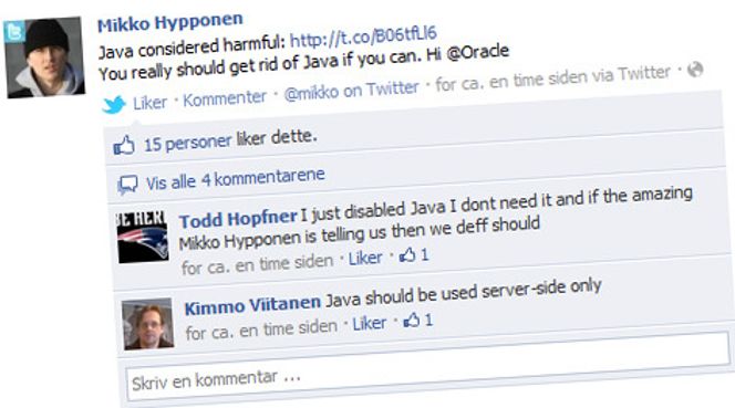 Du bør snarest kvitte deg med Java på maskinen. Hvis du kan, skriver Mikko Hyppönen i diverse sosiale nettjenester. Bilde: Facebook