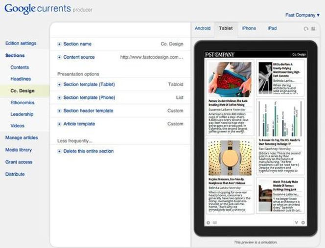 Google Currents Producer, verktøyet hvor innholdsleverandører kan opprette en Currents-utgave av innholdet. Bilde: Google