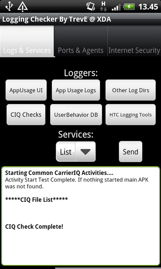 Resultatet av utført sjekk etter Carrier IQ i applikasjonen Logging Checker. Bilde: Harald Brombach
