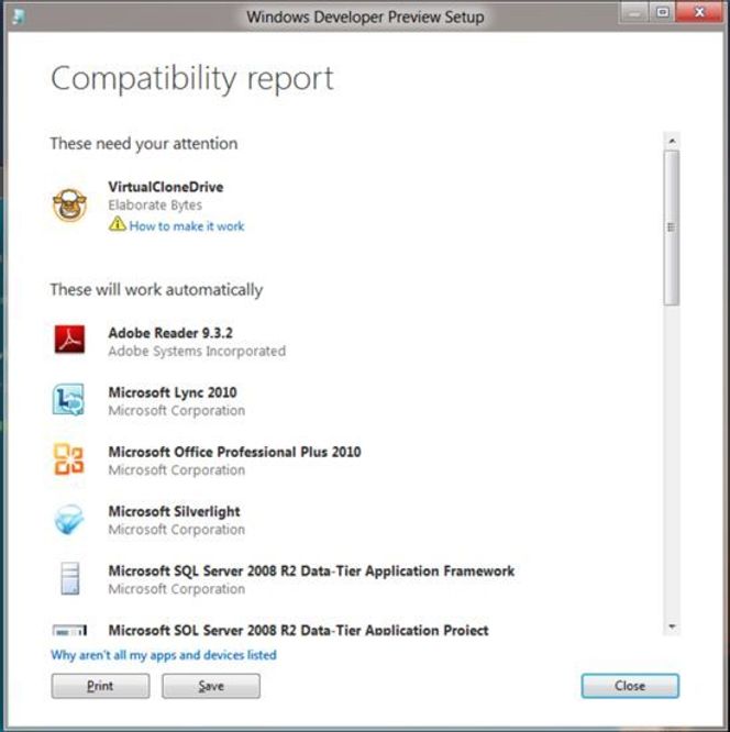 Ved oppgradering til Windows 8, skal installasjonsprogramvaren vise en oversikt over applikasjoner som trenger litt ekstra oppmerksomhet for å fungere i Windows 8. Problemene skal kunne løses av brukeren uten at installasjonsprosessen må startes på nytt. Bilde: Microsoft