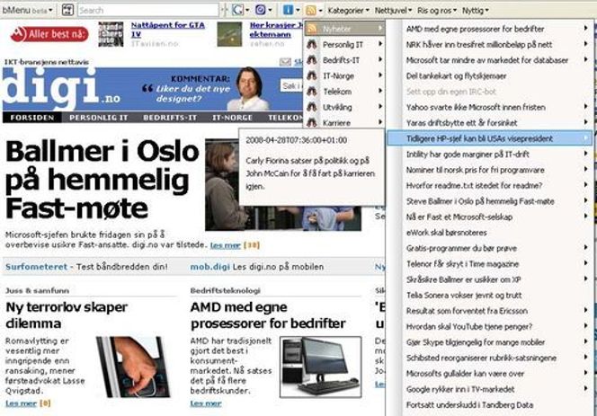 bMenu's system viser også nyhetene direkte i menyen
