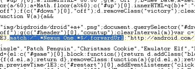 JavaScript-kode som gir Nexus One tilgang til Android-utgave av spillet Memory.