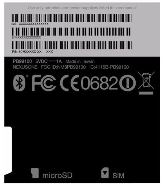 FCC-godkjennelse på baksiden av Google Nexus One Bilde: HTC