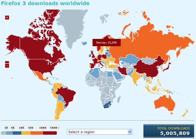 Antallet nedlastinger av Firefox 3 klokken 09:55.
