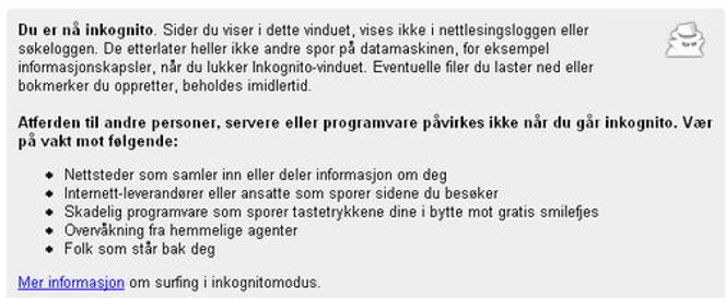 Informasjon som vises når man entrer Inkognitor-modus.