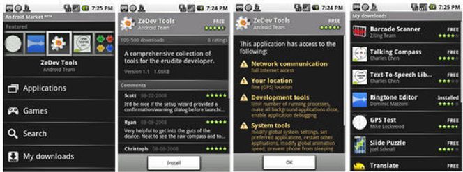 Bilder fra Android Market som beskriver noe av arbeidsflyten og sikkerhetsfunksjonaliteten.