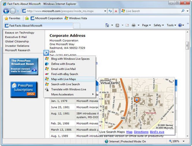 Bruk av IE8s Accelerators. Her er "Map with Live Maps" valgt.