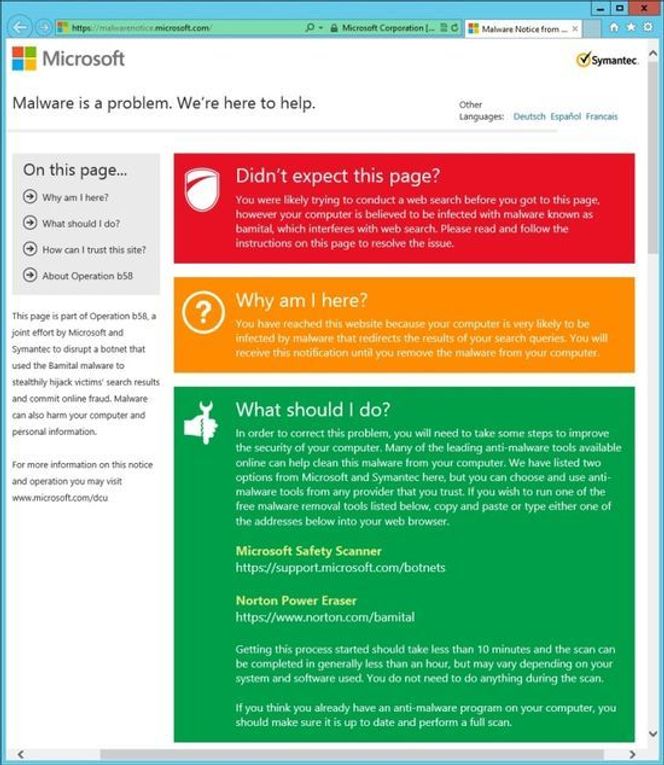 Informasjonsside hos Microsoft om Bamital-nettverket og hvordan dette fjernes. Bilde: Microsoft