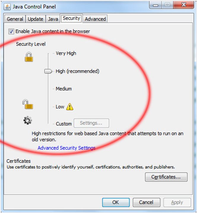 Standard sikkerhetsnivå i Java 7 ble økt fra Medium til High med den nyeste oppdateringen. Bilde: digi.no