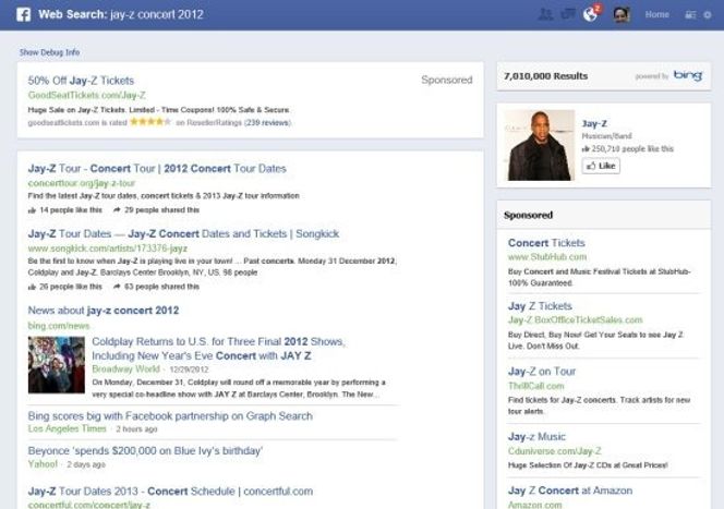 Resultatene fra Bing-søket vises til venstre, mens Facebooks egne treff vises til høyre. Bilde: Bing.com