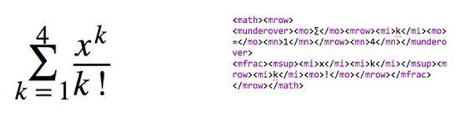 MathML er et XML-basert språk for å beskrive matematiske uttrykk. MathML kan integreres direkte i HTML-koden til websider og blir da gjengitt på websiden av nettlesere med støtte for språket. Bilde: The Chromium Blog