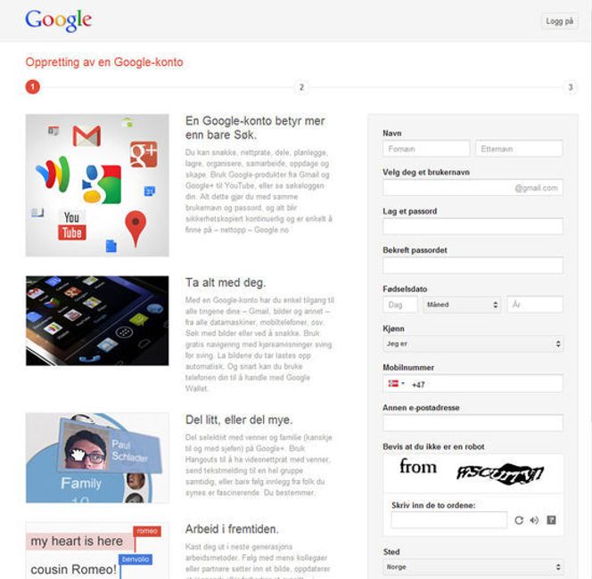 Nytt skjema for registrering av Google-konto.