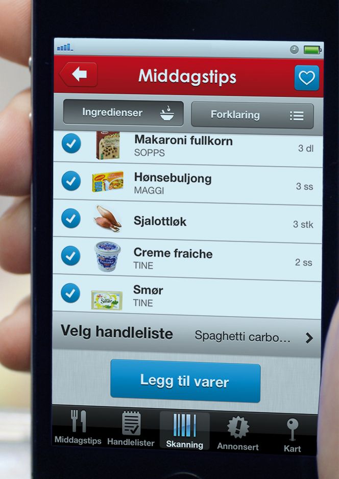 Eksempel på hvordan handlelisten kan oppdateres med utgangspunkt i hva du har tenkt å servere til middag. Har du nok smør, er det bare å fjerne smør fra handlelisten. Bilde: Rimi