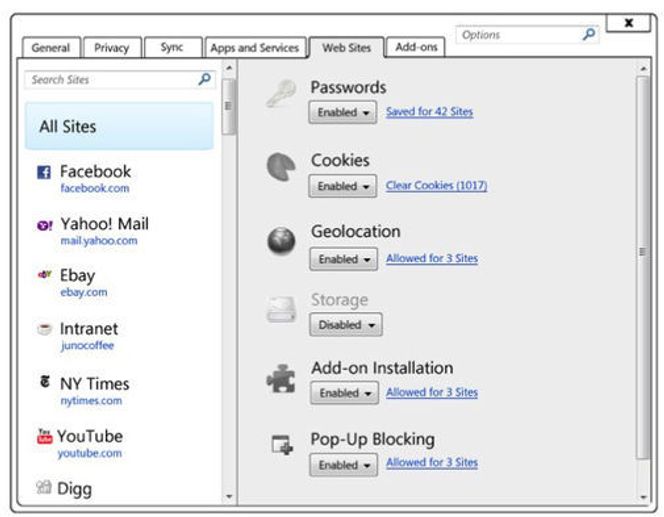 Verktøy for å administrere innstillinger for enkeltnettsteder i Firefox 4.0. Bilde: Mozilla