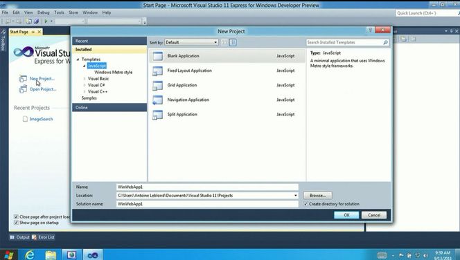 Opprettelse av HTML + JavaScript-basert Metro-applikasjon i Visual Studio 11 Express.